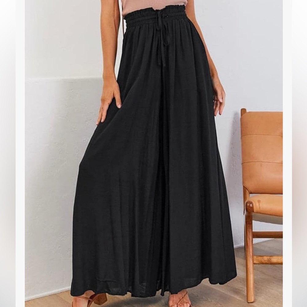 Wide Leg Black Palazzo Pants with Drawstring Waist